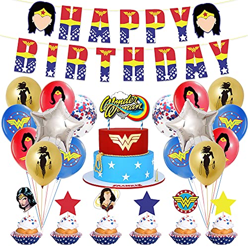 Woman Geburtstagsfeier Dekorationen 44 PCS Woman Thema Alles Gute zum Geburtstag Banner Supplies Cake Toppers Ballons Dekor Kit für Jungen Mädchen Kinder Birthday Party Favor Supplies von REYOK