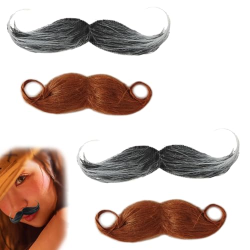 RHQFDM 4 Stück Schnurrbart zum Ankleben,Schnurrbart Selbstklebend,Bärte zum Ankleben,Bart Kostüm,Fake Mustache,Mexikaner Bart,80er Jahre Karneval Bart zum Ankleben,für Halloween Partys（Braun+Grau） von RHQFDM