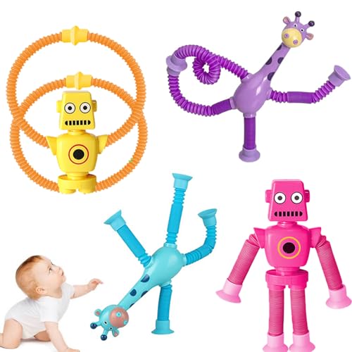 RHQFDM 4 Stück Teleskop Saugnapf Giraffen Roboter Pop Tube Sucker Toys Giraffe Roboter Sensorisches Spielzeug Pop Tubes Giraffe Roboter Teleskoprohr Spielzeug Lustiges Schlauchspielzeug für Kinder von RHQFDM