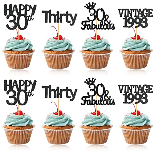 30. Geburtstag Cupcake Topper, 24 Stück Glitzer Black Geburtstag Tortendeko Geburtstagsdeko von 1993 für 30 Geburtstagsfeier Zubehör Party Dekoration Kuchendekoration von RHZXD