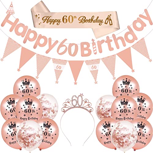 60 Geburtstagsdekorationen, 18 Stücke Rosen-Gold-Partydekorations-Set, einschließlich Happy Birthday Ballons, Banner, Dreiecksflagge, Gürtel, Kopfband, die perfekte Geburtstagsdekorationen für Frauen von RHZXD