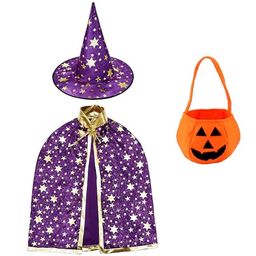 Kinder Halloween Kostüm, Zauberer Umhang mit Hut, Kürbis Candy Bag, Hexe Mantel mit Requisiten für Jungen Mädchen Cosplay Party (Lila) von RHZXD