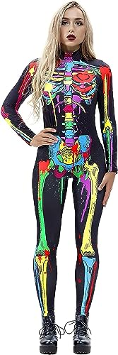 RIAAJ Halloween Kostüm Damen Skelett Overall 3D Print Langarm Skinny Catsuit Cosplay (A3,S) von RIAAJ