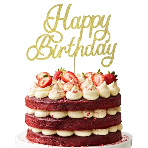 RIBBOOO 1-Pack Golden Happy Birthday Tortendeko Cake Topper Geburtstag Kuchen Dekoration für Geburtstagsparty Papier-Kuchenaufsatz Jungen Mädchen Frauen und Männer von RIBBOOO