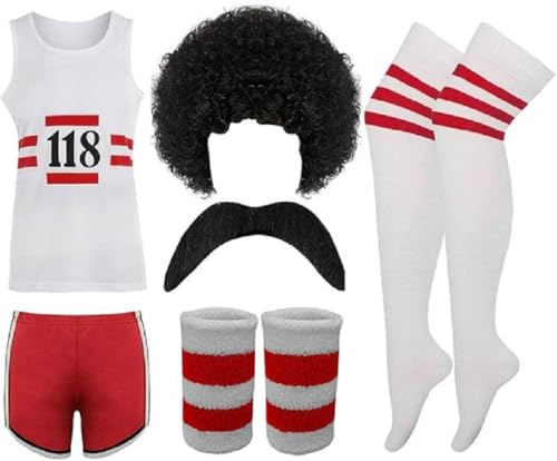 RIDDLED WITH STYLE Unisex Erwachsene 118 Marathon Race Outfit Halloween Buchwoche Kostüm 6-teiliges Set Weste Streifen Shorts Tash Perücke Armband und Schiedsrichtersocken Set Größe UK S-XL RIDDLED WITH STYLE Unisex Erwachsene 118 Marathon Race Outfit Halloween Buchwoche Kostüm 6-teiliges Set Weste Streifen Shorts Tash Perücke Armband und Schiedsrichtersocken Set Größe UK S-XL von RIDDLED WITH STYLE
