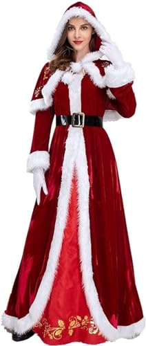 RIKCAT Damen-Kostüm mit Weihnachtsmann-Robe und Kapuzenumhang, Weihnachtsmann-Kostüm-Set – Samt-Kapuzenkleid mit Gürtel für Weihnachten L. von RIKCAT