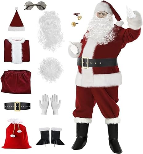 RIKCAT Herren-Weihnachtsmann-Kostüm-Set, Deluxe-Samt-Weihnachtsmann-Anzug, Outfit-Jacke, Erwachsene, Weihnachtsmann-Kostüme mit Handschuhen, 11-teilig XL. von RIKCAT