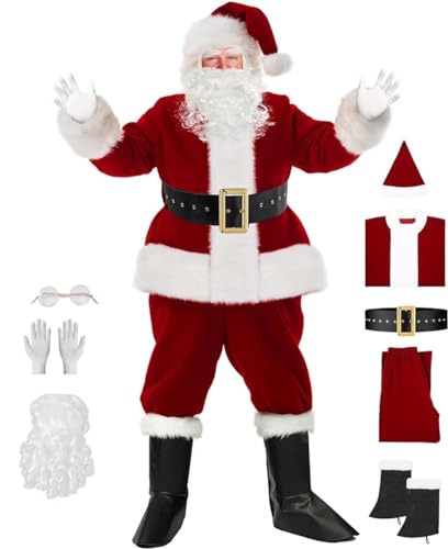 RIKCAT Weihnachten Weihnachtsmann Kostüm Weihnachtsmann Anzug Erwachsene Männer Weihnachtsmann Kostüm für Männer Frauen Weihnachtsmann Outfit 9-teiliges Weihnachtsmann Anzug Set Weihnachten 2XL. von RIKCAT