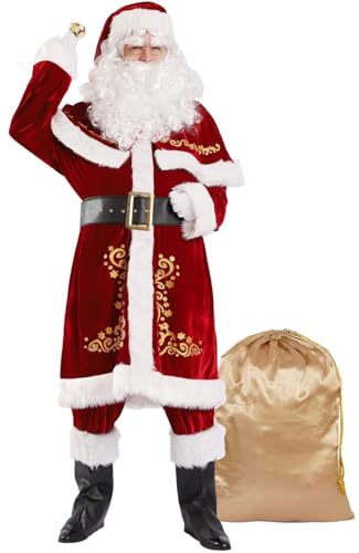 RIKCAT Weihnachtsmann-Kostüm Herren, Weihnachtsmann-Kostüm, Weihnachtsmann-Kostüm, Herren, Erwachsene, 10-teiliges Set, Weihnachten, Party, Cosplay, Rot, Deluxe-Samt, Mottoparty, Karneval A,L. von RIKCAT