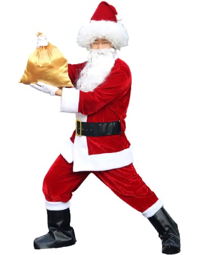 RIKCAT Weihnachtsmann-Kostüm für Herren, Weihnachtsmann-Kostüm, Weihnachtsmann-Kostüm für Herren, Erwachsene, 12-teiliges Set, Weihnachtsfeier, Cosplay, Rot, Deluxe-Samt, Mottoparty 7pc,6XL. von RIKCAT