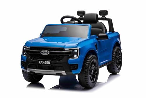 Elektro Kinderauto Ford Ranger 12V, blau, Ledersitz, 2,4-GHz-Fernbedienung, Bluetooth-/USB-Eingang, Federung, 12-V-Batterie, Kunststoffräder, 2 x 30-W-Motoren, ORIGINAL-Lizenz von RIRICAR
