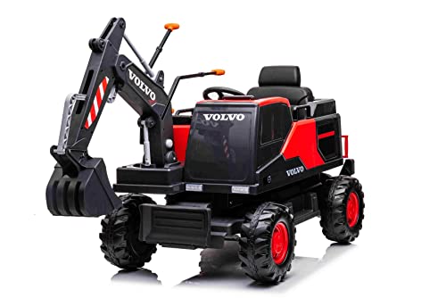 Kinder Elektroauto 12V Elektrischer Bagger für Kinder Excavator mit Baggerschaufel vorne, Einsitzer, rot, 2 x 35W Motor, Eva-Räder, 12V/14Ah Akku von RIRICAR