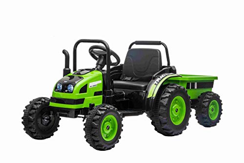 Elektrischer Traktor Power mit Anhänger, Grün, Hinterradantrieb, 12-V-Batterie, Kunststoffräder, breiter Sitz, 2,4-GHz-Fernbedienung, MP3-Player mit USB, Vorderradaufhängung, LED-Leuchten von RIRICAR