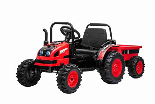 RIRICAR Elektrischer Traktor Power mit Anhänger, Rot, Hinterradantrieb, 12-V-Batterie, Kunststoffräder, breiter Sitz, 2,4-GHz-Fernbedienung, MP3-Player mit USB, Vorderradaufhängung, LED-Leuchten von RIRICAR