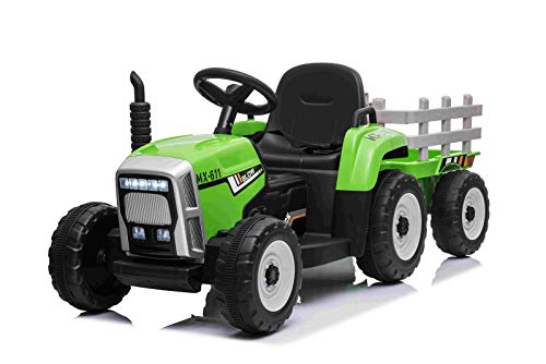 Elektrischer Traktor Workers mit Anhänger, Grün, Hinterradantrieb, 12-V-Batterie, Rädern, breitem Sitz, 2,4-GHz-Fernbedienung, MP3-Player mit Bluetooth und SD-Eingang, LED-Leuchten von RIRICAR