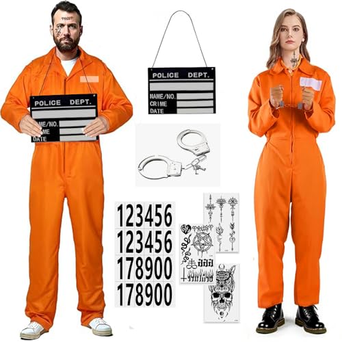 Gefängnis Kostüm Orange Herren Damen, Gefangener Kostüm, Prisoner Overall Costume mit Sträfling Accessoires, Häftling Outfit für Erwachsene Cosplay Halloween Karneval Costume von RIRIDAMAI