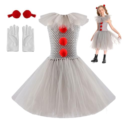 RIRIDAMAI Pennywise Kostüm Kinder Mädchen,Halloween Kostüm Kinder Horror Clown Mädchen,Horror Clown Kostüm Mit Handschuhen Und Roter Haarnadel Für Cosplay Outfits, Requisiten,Karneval,Halloween von RIRIDAMAI