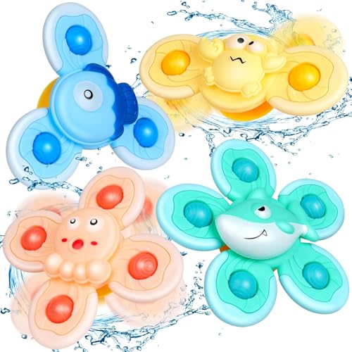 4 Stück Saugnapf Spielzeug Spinner Baby, Baby Spinner mit Saugnapf, Badewannenspielzeug/ Saugnapf Reisespielzeug/Sensorik Spielzeug, Geburtstag Geschenke für Kleinkinder von RISAKOGO