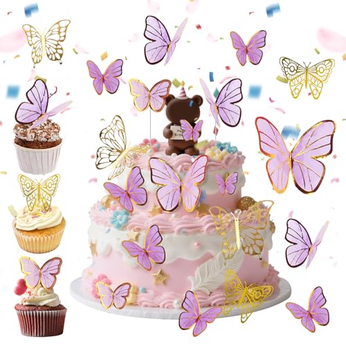 34 Stück Schmetterlinge Tortendeko, 3D Dreidimensional Schmetterlinge Deko Torte, Tortendeko Geburtstag Schmetterling Cupcake Topper für Hochzeit, Geburtstag, Jubiläum (Lila+Gold) von RISVOWO
