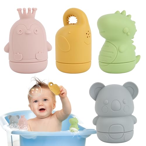 4 Stück Badewannenspielzeug Baby, Silikon Wasserspielzeug Baby, Badespielzeug Spritztiere Schimmelfrei, Silikon Weiches und zahnendes, Baby Unisex ab 0 Jahre 6 Monate 1 Jahr Weihnachten Geschenke von RISVOWO