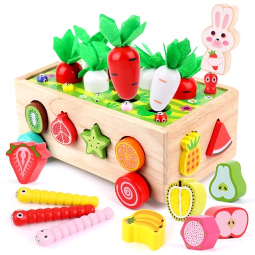 RISVOWO Montessori Spielzeug ab 1 2 3 Jahr, Holzspielzeug 7-in-1 Farmspiel Motorikspielzeug aus Holz, Steckspiel Sortierspiel Holzpuzzle Karottenernte für Mädchen Jungen Kinder Kleinkind von RISVOWO