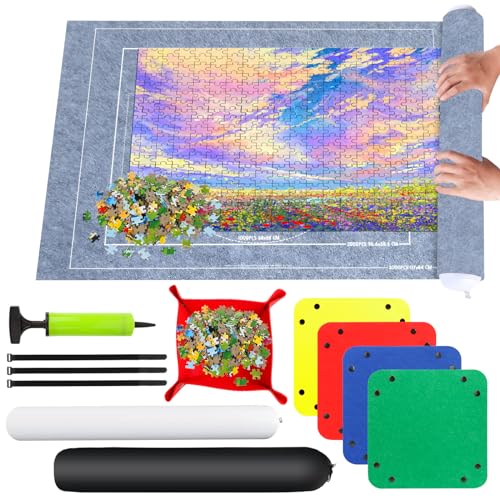 RISVOWO Puzzlematte, Puzzle Roll Storage Mat für Bis 1500 2000 3000 Puzzle, Tragbare Puzzle Rollenmatte mit Puzzle-Sortierschale, Puzzleunterlage für Puzzle Auf 80 * 120 cm Aufbewahrung(Grau) von RISVOWO