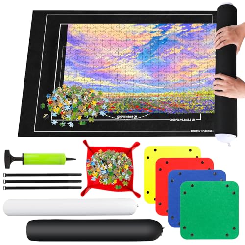 RISVOWO Puzzlematte, Puzzle Roll Storage Mat für Bis 1500 2000 3000 Puzzle, Tragbare Puzzle Rollenmatte mit Puzzle-Sortierschale, Puzzleunterlage für Puzzle Auf 80 * 120 cm Aufbewahrung(Schwarz) von RISVOWO