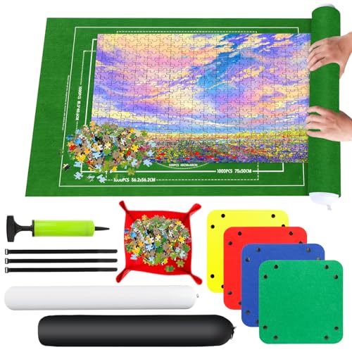 RISVOWO Puzzlematte, Puzzle Roll Storage Mat für Bis 500 1000 1500 Puzzle, Tragbare Puzzle Rollenmatte mit Puzzle-Sortierschale, Puzzleunterlage für Puzzle Auf 66 * 116 cm Aufbewahrung(Grün) von RISVOWO