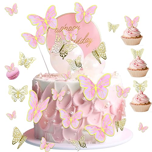 RISVOWO Schmetterling Kuchen Dekorationen, 34 Stücke 3D Schmetterling Cupcake Topper, Tortendeko Geburtstag, Schmetterling Deko Geburtstag für Geburtstag Hochzeit Party Kuchen Party Essen Dekoration von RISVOWO