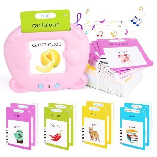 Sprechende Flash Karten, Lernkarten 112 Blätter 224 Wörter, Lernmaschine Elektronisches Interaktives Spielzeug Geschenk für Kinder ab 1-6 Jahr (Französisch Rosa) von RISVOWO