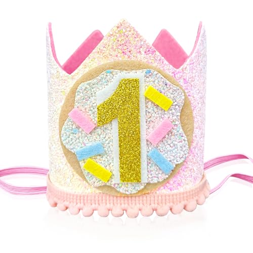 RIVIEVAL 1. Geburtstagsmütze, Geburtstagskrone, Donut-Geburtstagsmütze, verstellbare 1. Geburtstagsmütze, Babykrone für Baby-Mädchen-Geburtstagsparty (Donut) von RIVIEVAL