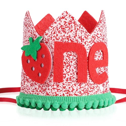 RIVIEVAL 1. Geburtstagsmütze, Geburtstagskrone, Erdbeer-Geburtstagsmütze, verstellbare 1. Geburtstagsmütze, Babykrone für Baby-Mädchen-Geburtstagsparty (Erdbeere) von RIVIEVAL