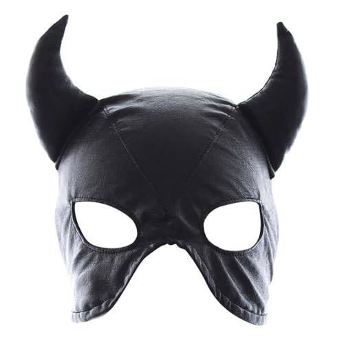 RKJRTK Schwarzer PU-Kopf mit verstellbarer Krawatte Gesicht Paar spielen schwarzer Kopf Wrap Horn Kapuze Kostüm RKJRTK Schwarzer PU-Kopf mit verstellbarer Krawatte Gesicht Paar spielen schwarzer Kopf Wrap Horn Kapuze Kostüm von RKJRTK