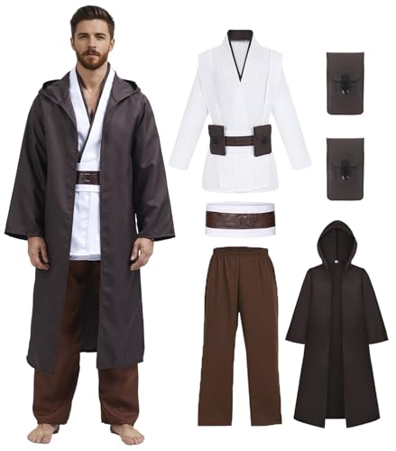 Erwachsenenkostüm für Herren, Cosplay, Anakin Skywalker Obi Wan Kenobi, Halloween, Tunika, Kapuzenmantel, Ritter, Cosplay-Outfit mit Lichtschwert, Gürteltasche, RK016-XL von RKKVQP