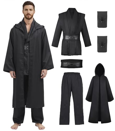 Erwachsenenkostüm für Herren, Cosplay, Anakin Skywalker Obi Wan Kenobi, Halloween, Tunika, Kapuzenmantel, Ritter, Cosplay-Outfit mit Lichtschwert, Gürteltasche, RK016BK-M von RKKVQP