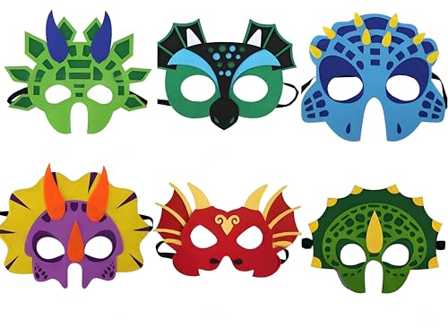 RKMYTR Kinder Dino-Maske, 6 Stück, atmungsaktive Stoff-Kostümmasken für Halloween, Karneval & Verkleidungspartys, Dinosaurier-Themen-Gesichtsbedeckungen für festliche Veranstaltungen und Spielzeit von RKMYTR