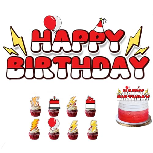 RKMYTR Kuchenaufsätze, 1 große & 12 kleine rot-gelb-weiße Flaggen mit Blitz-Design, Anime-Geburtstagsparty-Dekorationen, Papier-Kuchenaufsätze für Geburtstagsparty-Zubehör von RKMYTR