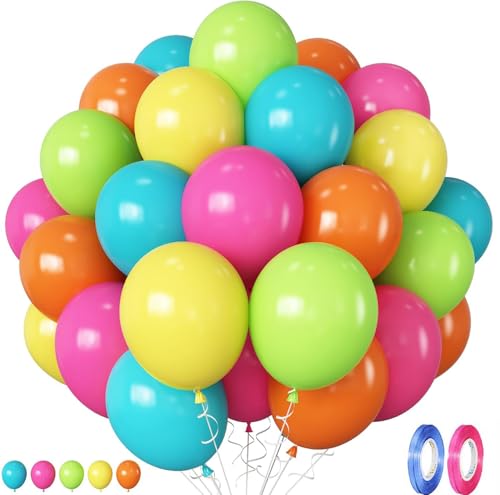 RKMYTR Neon-Luftballons in Regenbogenfarben, 30,5 cm, Blaugrün, Gelb, Orange, Hot Pink, Limettengrün, mehrfarbige Luftballons für Kinder, tropisches Pool-Partyzubehör von RKMYTR