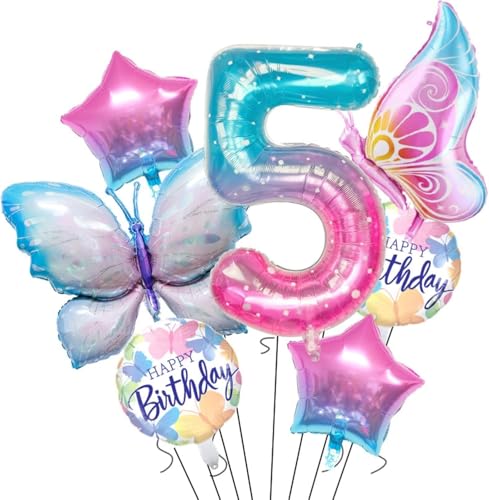 RKMYTR Schmetterling 5 Geburtstag Dekorationen für Mädchen, 40 Zoll Sternenhimmel Nummer 5 Luftballons Set, Schmetterling Geburtstag Party Dekorationen, Schmetterling Luftballons Folie, Baby Shower von RKMYTR