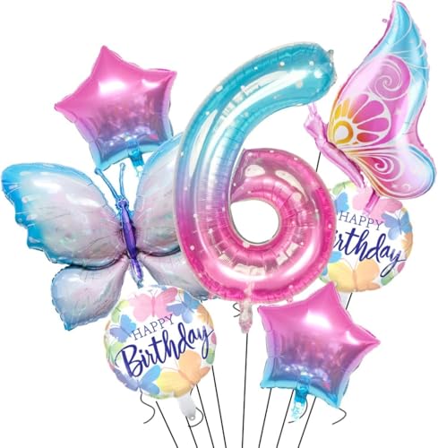 RKMYTR Schmetterling 6 Geburtstag Dekorationen für Mädchen, 40 Zoll Sternenhimmel Nummer 6 Luftballons Set, Schmetterling Geburtstag Party Dekorationen, Schmetterling Luftballons, Babyparty von RKMYTR