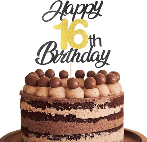 RKMYTR Tortenaufsatz zum 16. Geburtstag für Jungen – Cheers to 16 Years Schwarz Gold Glitzer Kuchendekorationen | 16,5 x 15 cm Papier-Partyzubehör für 16. Geburtstag von RKMYTR