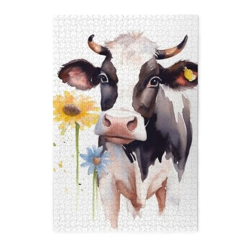 Aquarell-Puzzle, Kuh und Gänseblümchen, 1000 Teile, personalisiertes Puzzle, Holz-Fotopuzzle für Erwachsene, Familienbild, Puzzle, Geschenke für Hochzeit, Geburtstag, Valentinstag, Geschenke (74,9 x Aquarell-Puzzle, Kuh und Gänseblümchen, 1000 Teile, personalisiertes Puzzle, Holz-Fotopuzzle für Erwachsene, Familienbild, Puzzle, Geschenke für Hochzeit, Geburtstag, Valentinstag, Geschenke (74,9 x von RLDOBOFE