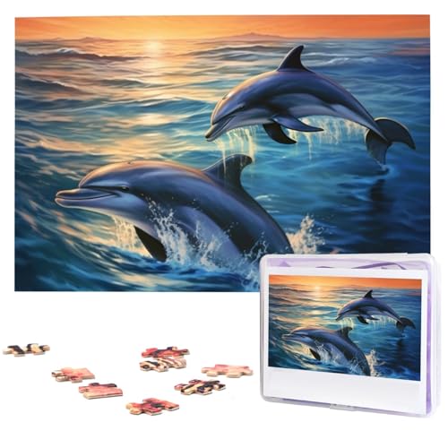 Puzzle mit Delfinen im Meer, 1000 Teile, personalisiertes Holz-Fotopuzzle für Erwachsene, Familien-Bilderpuzzle, Geschenke für Hochzeit, Geburtstag, Valentinstag, Geschenke (74,9 x 50 cm) von RLDOBOFE