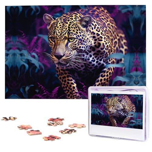 Puzzle mit Leopardenmuster auf violettem Hintergrund, 1000 Teile, personalisierbar, Holzfotopuzzle für Erwachsene, Familienbild, Puzzle, Geschenke für Hochzeit, Geburtstag, Valentinstag, Geschenke von RLDOBOFE