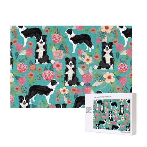 Puzzles 500 Teile Border Collie Florals Puzzle Holz Fotopuzzle für Erwachsene Personalisiertes Bilderpuzzle Klassisches Puzzle für Familie Hochzeit Geburtstag Valentinstag Geschenke von RLDOBOFE