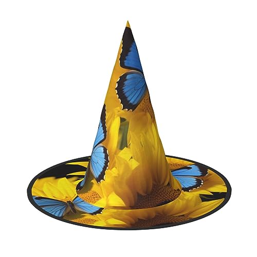 RLDOBOFE Gelbe Sonnenblumen mit blauen Schmetterlingen, Halloween-Hexenhut, Cosplay-Kappen, Halloween-Dekoration, Kostümzubehör für Halloween-Party 1 von RLDOBOFE