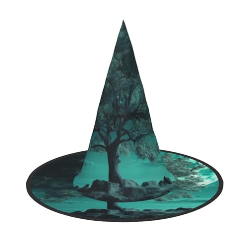RLDOBOFE Hexenhut Blaugrün Baum im Mondlicht bedruckter Zaubererhut Unisex Halloween Hut für Cosplay Party Dekorationen von RLDOBOFE
