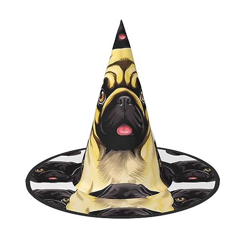 RLDOBOFE Schwarz-gelber Mops-Druck, Halloween-Hexenhut, Cosplay, Halloween-Dekoration, Kostümzubehör für Halloween-Party, 2 Stück von RLDOBOFE