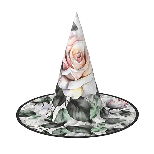RLDOBOFE Weiße Aquarell-Blumen-Rosen-Druck, Halloween-Hexenhut, Cosplay, Halloween-Dekoration, Kostümzubehör für Halloween-Party, 2 Stück von RLDOBOFE