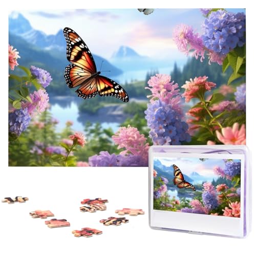 Schmetterlings-Garten-Puzzle, 1000 Teile, personalisiertes Puzzle, Holz-Fotopuzzle für Erwachsene, Familienbild, Puzzle, Geschenke für Hochzeit, Geburtstag, Valentinstag, Geschenke (74,9 x 50 cm) von RLDOBOFE
